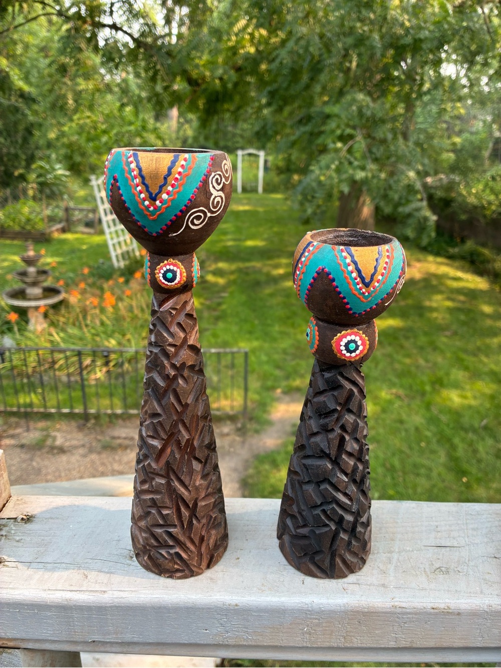 Hand-Carved Tribal Wood Candle Holders with Colorful Painted Accents